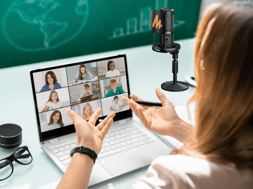 A lady online teacher using a USB computer microphone for online class
