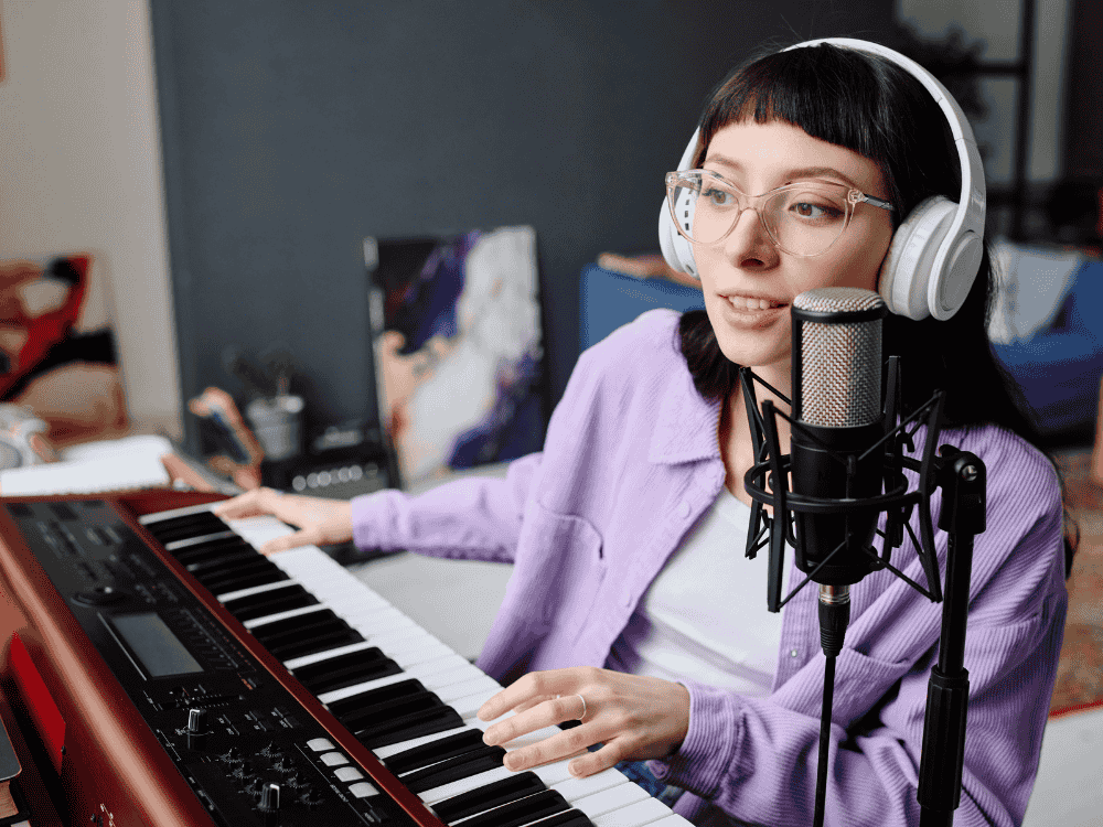 A lady singing and recording music in home studio using an XLR mic