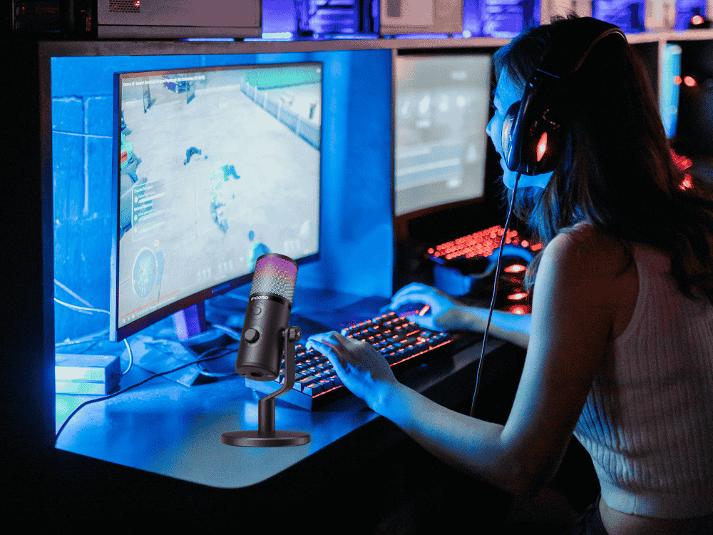 A woman game streaming using a gaming microphone