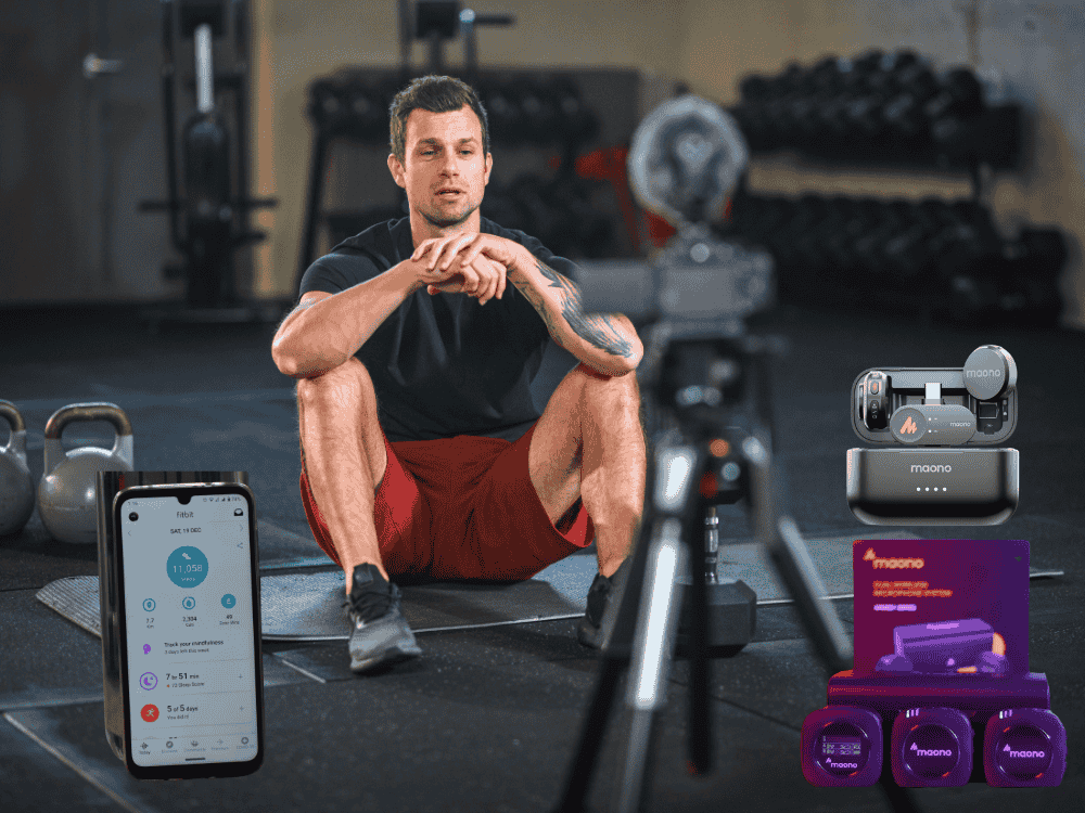 A male fitness instructor vlogging about the usefulness of calorie counter apps while using a wireless microphone