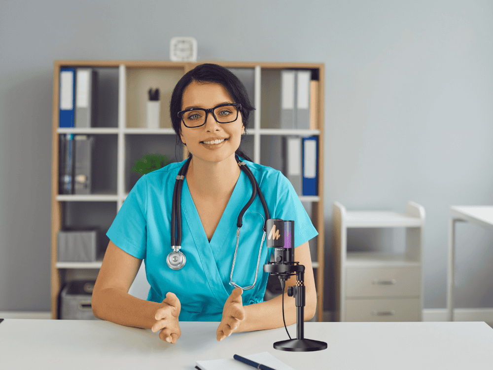 A healthcare professional providing advice in her medical vlog using a streaming microphone for clear voice
