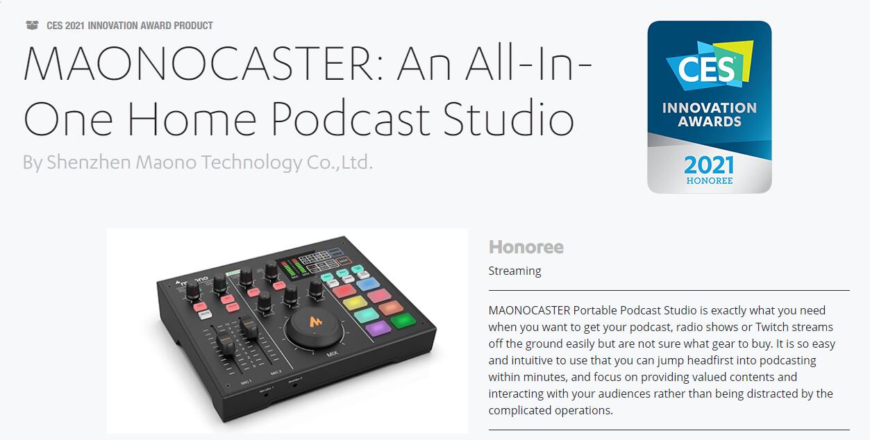 MAONO Recognized as CES Innovation Award 2021 Honoree