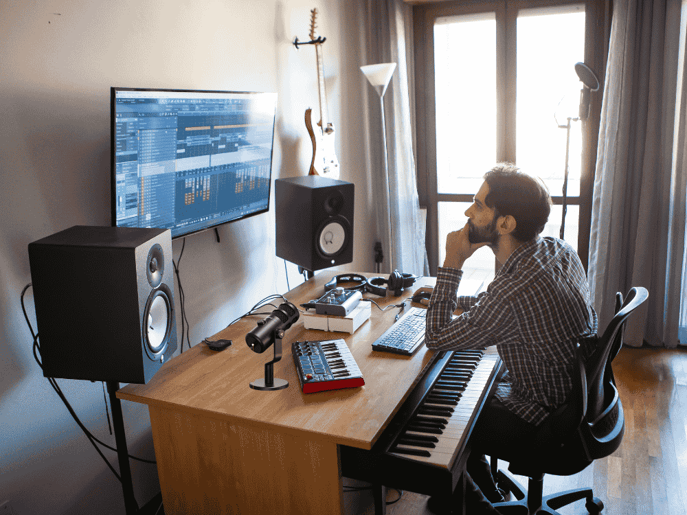 A musician using an audio interface for instruments and the best mic for recording vocals