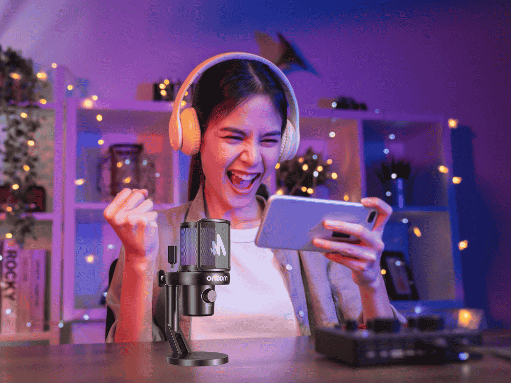 A gaming girl streaming using a Maono gaming microphone