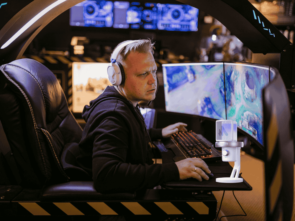 A male gamer streaming in YouTube using Maono DM40 gaming microphone