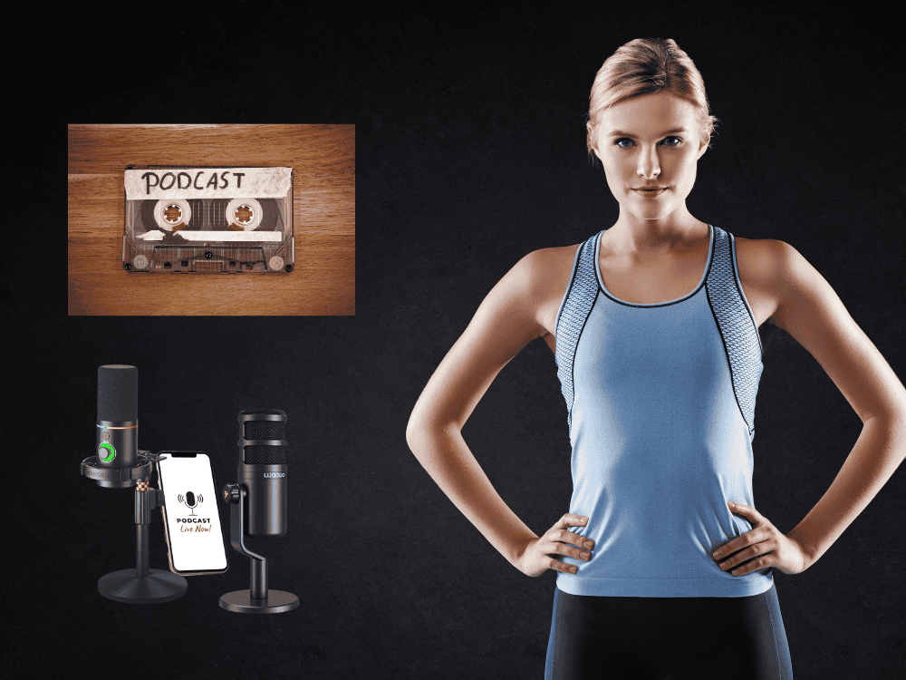 A female fitness instructor with podcast microphone options from Maono