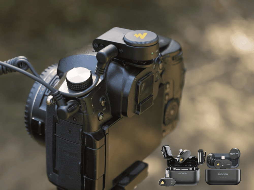 Close-up of DSLR microphone (lavalier) mounted on camera for onsite voice recording