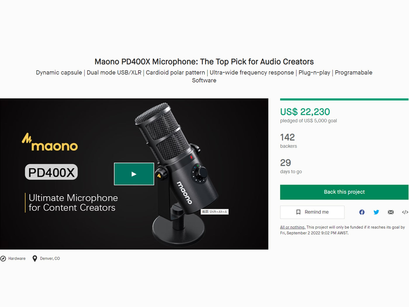 Maono PD400X Microphone Reaches its Kickstarter Goal in Just 2 Hours