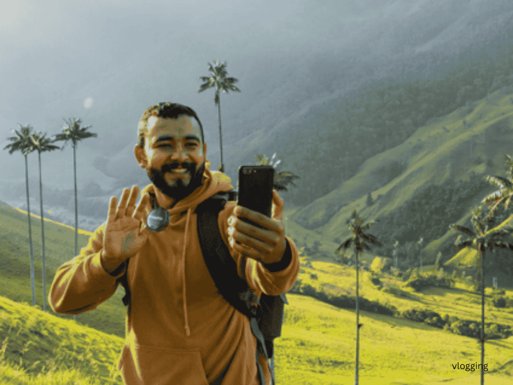  a male travel vlogging using a wireless lavalier microphone