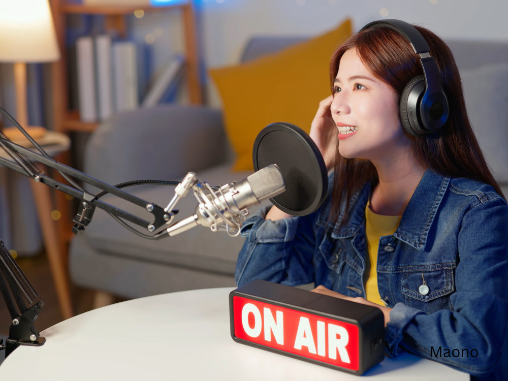 girl live streaming using a cardioid condenser mic