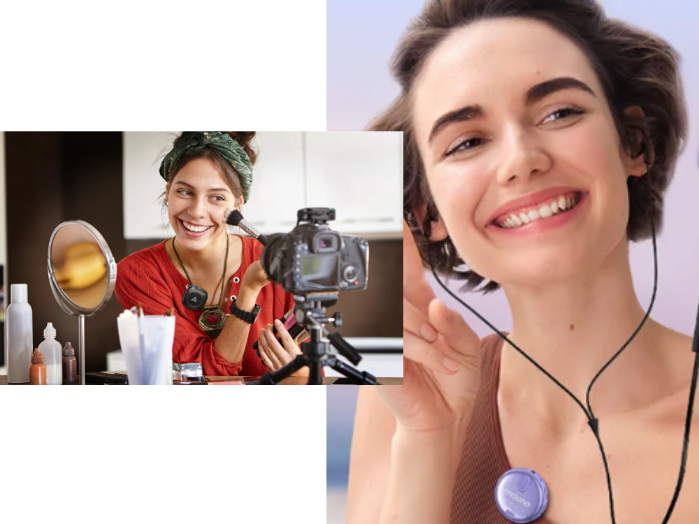 ladies using a Bluetooth Lavalier microphone clip on shirt for wireless setup