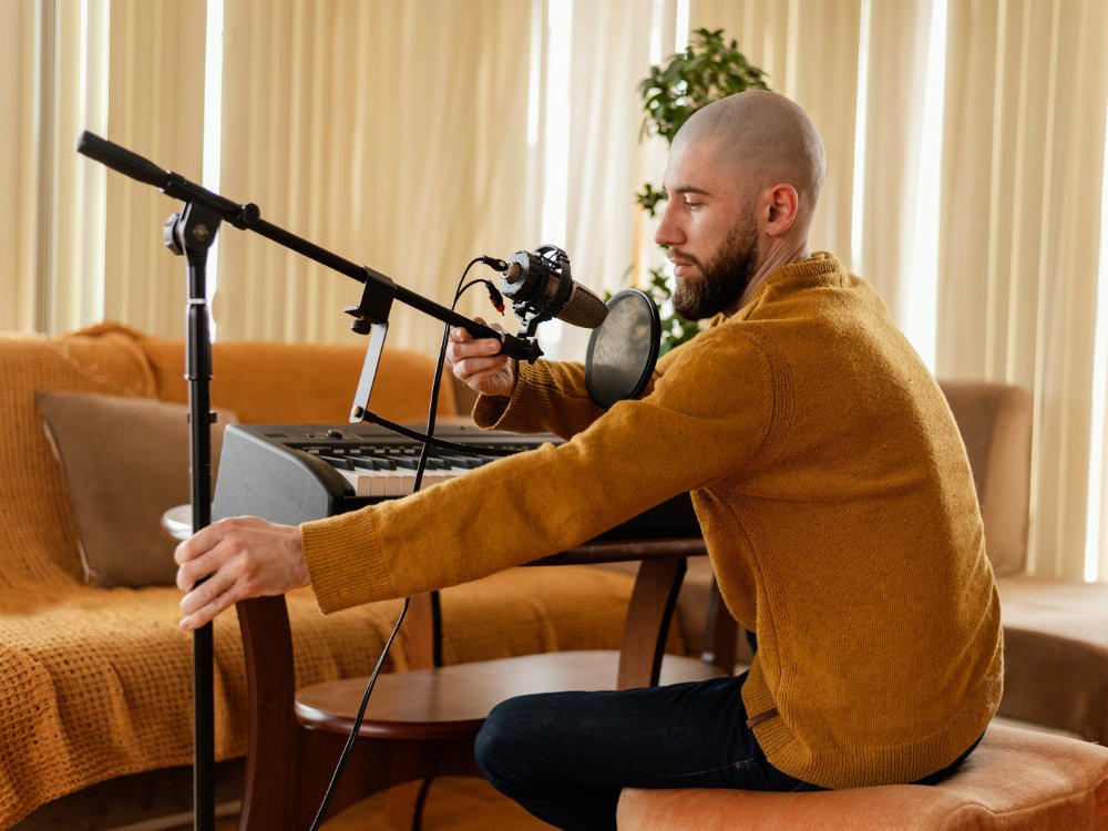 male recording music at home using music recorder mic
