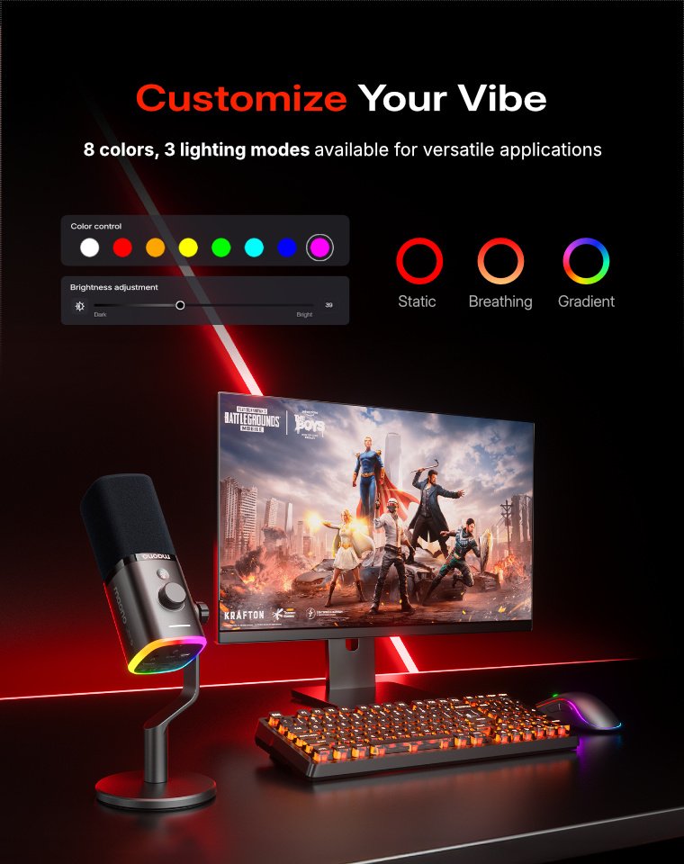 MAONO USB/XLR-gamingmicrofoon voor streaming, podcasting en studio-opname, dynamische microfoons met dubbele ruisonderdrukking, software, RGB en dempknop voor pc, PS4/PS5, mixers (PD100X roze