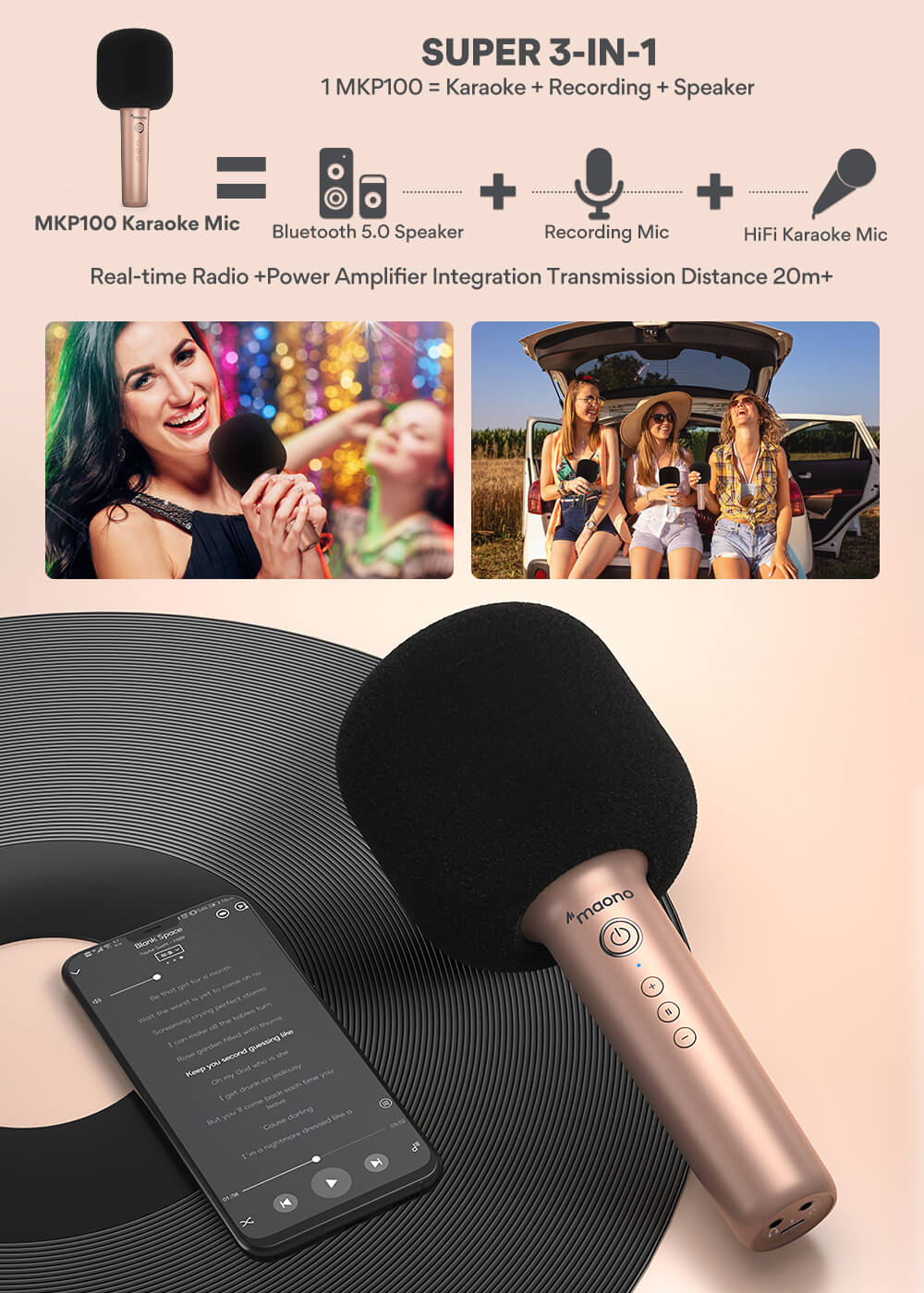 Maono MKP100 Bluetooth Wireless Karaoke with Built in Speaker