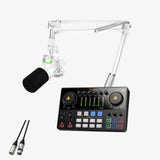 Podcast or streaming setup with microphone, mixer, and arm stand on a white background