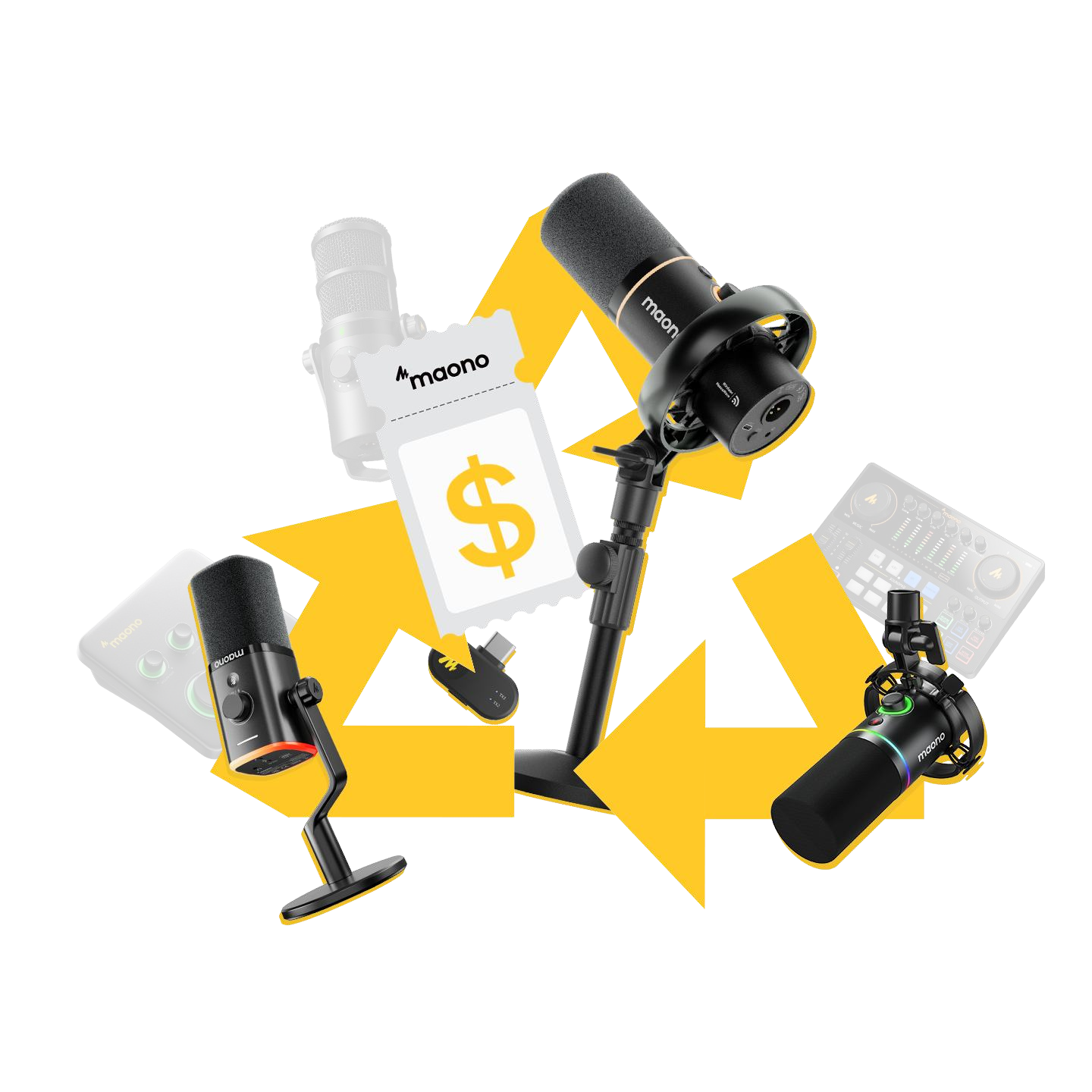 Maono audio equipment arranged around Trade-Up arrows