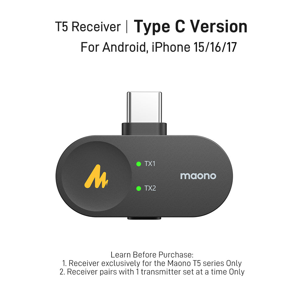 Camera, Lightning & Type C Receivers For T5 Wireless Microphone