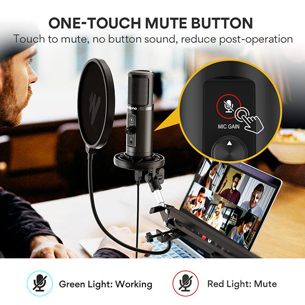 USB Computer Microphone, Plug&Play Cardioid Condenser PC Laptop Mic, On/Off  and Mute Buttons with LED Indicator, Compatible with Windows/Mac, Ideal